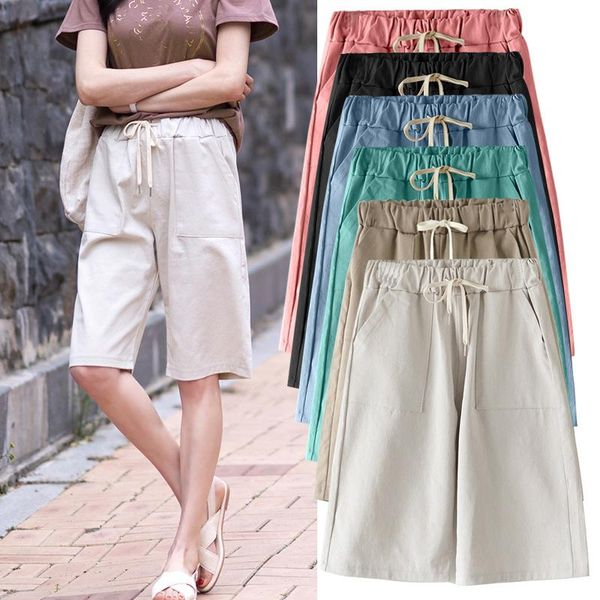 

shorts women summer bermuda shorts cotton widelegged leisure trousers large size loose elastic waist with belt shorts 6xl 7xl 8xl, White;black