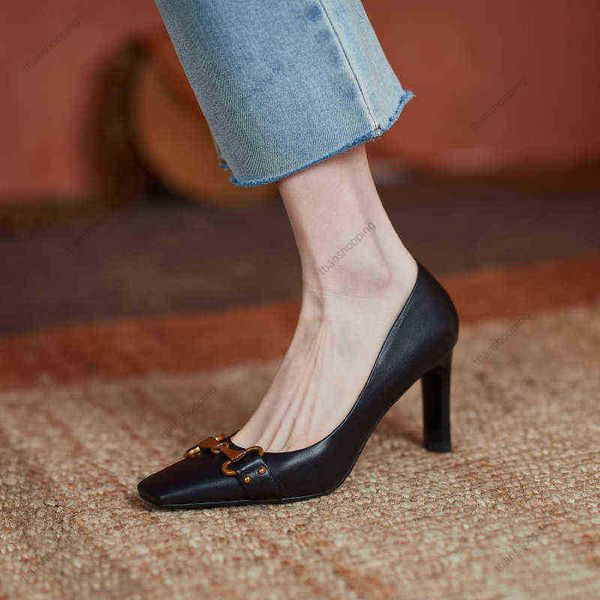 

wind all leather fashion high heels women's shoes 2022 spring and autumn new shallow mouth single shoes celebrity wind lady thick heels, Black