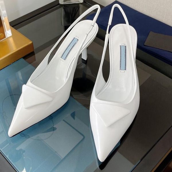 

designer sandals pointed high heel single shoes p triangle 3.5cm 7.5cm kitten heels sandal for women black white pink blue wedding shoes wit