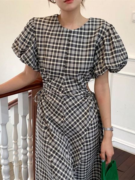 

dresses guuzyuviz retro hollow out drawstring dresses for women summer casual puff sleeve plaid dress women korean oneck long dress, Black;gray