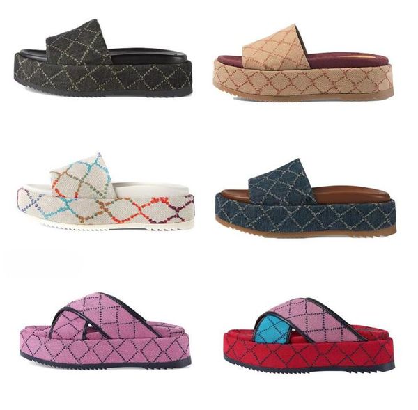 

slipper womens fashion embroidered canvas designer slides slip on slippers girls 60mm canvas covered platform sandals and dust bags, Black