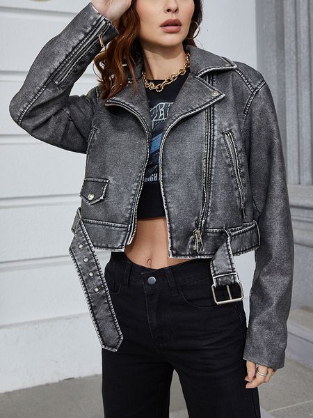 

women's jackets ftlzz jaket streetwear wanita atasan kerah ritsleting vintage longgar kulit imitasi pendek musim semi gugur 230426, Black;brown