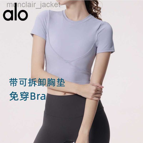 

desginer alos yoga t shirt new suit for women with short chest and missing navel exercise short sleeved training and fitness suit, White
