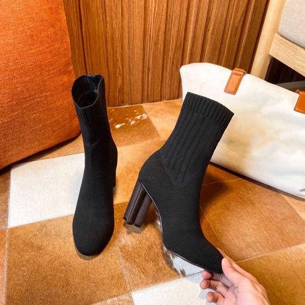 

2021 women silhouette ankle boot martin boots winter warn botas stretch fabric bootie print flower heel ladies casual shoes with box no50, Black