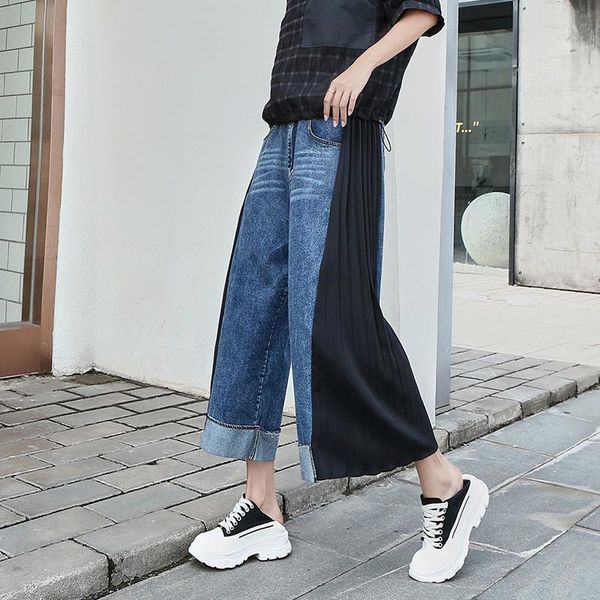 

capris 220528 korean style new 2022 women fashion denim patchwork pleated straight chiffon wide leg pants women loose high street, Black;white