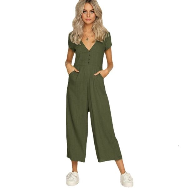 

women's jumpsuits rompers summer wear short sleeve v-neck button jumpsuit pants white khaki green black jumpsuit women romper 230426, Black;white