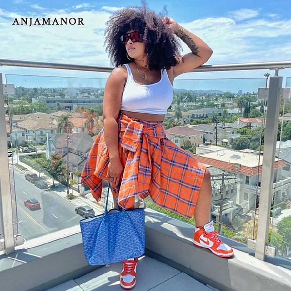 

dresses anjamanor irregular plaid mini skirt streetwear fashion tied sleeve fake shirt skirts for womens clothing 2022 d74ce34, White;black