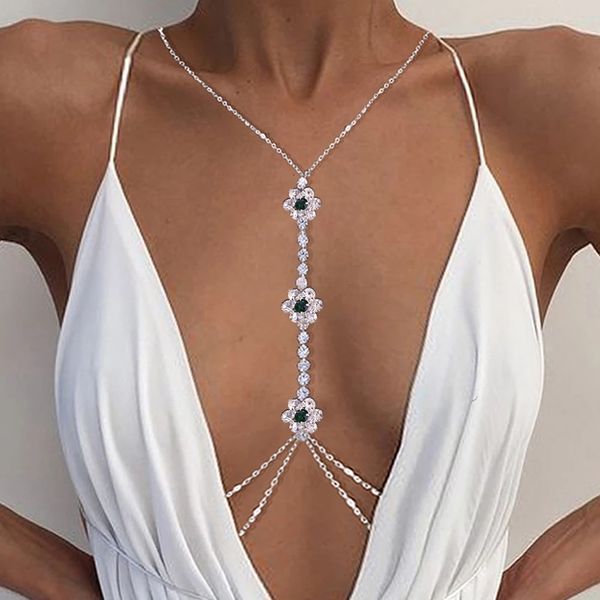 

navel & bell button rings 2023 new flower rhinestone chain europe and the united states green diamond bikini body chain female body chain, Silver