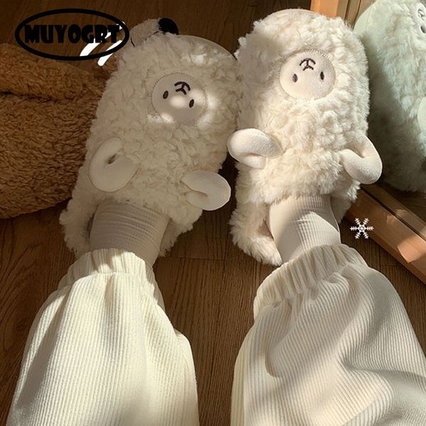 

slippers women winter keep warm plush bedroom cotton fluffy cartoon sheep cute couples house fur slipper home shoes 230426, Black