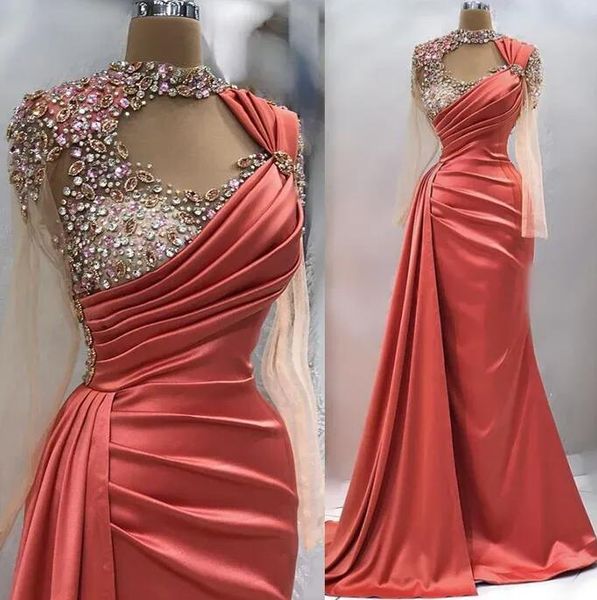 

coral evening dresses illusion long sleeves luxury beaded mermaid high neck arabic dubai stain prom occasion gown vestidos, Black;red