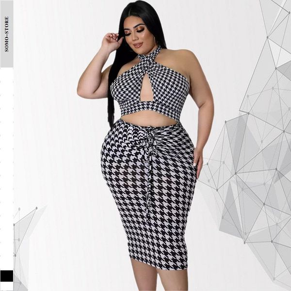 

dresses elegant houndstooth hollow out 5xl summer dress halter bandage midi evening dresses shirring women plus size wholesale, Black