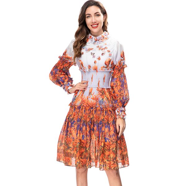 

women's runway dresses turn down collar long sleeves printed elastic waist fashion designer short vestidos, Black