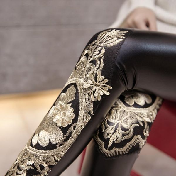 

leggings new korean version of the light pu leather highwaisted tight outside wearing leggings lace leather pants women's pants tide, Black