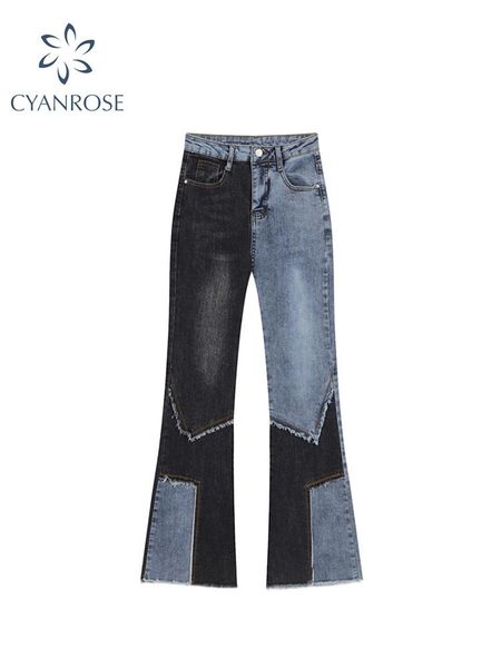 

jeans 2022 women retro patchwork flare pants jeans casual streetwear harajuku high waist wide leg pants femme korean slim fit trouser, Blue