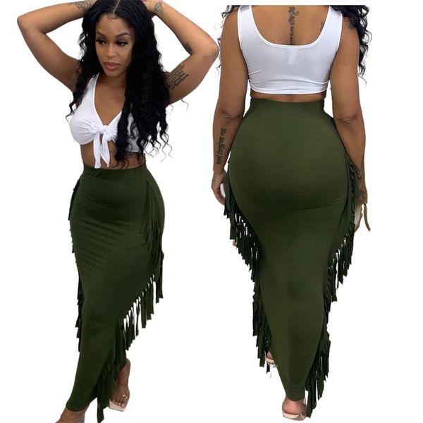 

dresses autumn winter tassel long skirts women high waist bodycon skirts olive green color streetwear 2021 fashion clothes clubwear, White;black