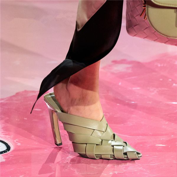 

women weaving leather mules 10cm stiletto heels fashion slippers female fashion runway style slip on slides, Black