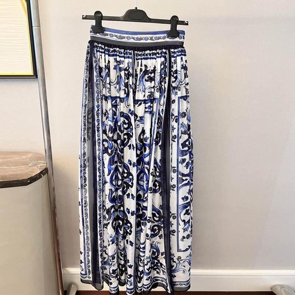 

capris women's silk skirt fashion runway blue and white porcelain print versatile holiday midi long skirt party summe, Black;white
