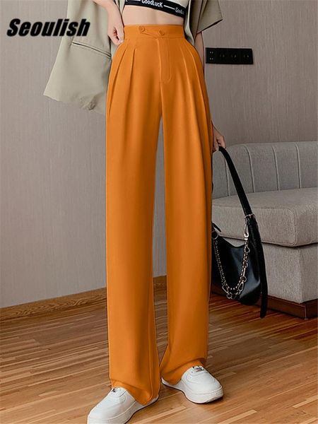 

capris seoulish summer high waist solid wide leg women's pants 2022 new buttons female elegant minimalism straight loose trousers, Black;white