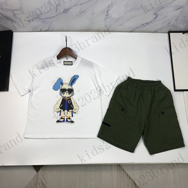 

2023ss tide brand boys summer sets white rabbit printing t-shirts with cargo shorts two pieces sets kids designer sports tracksuits high end