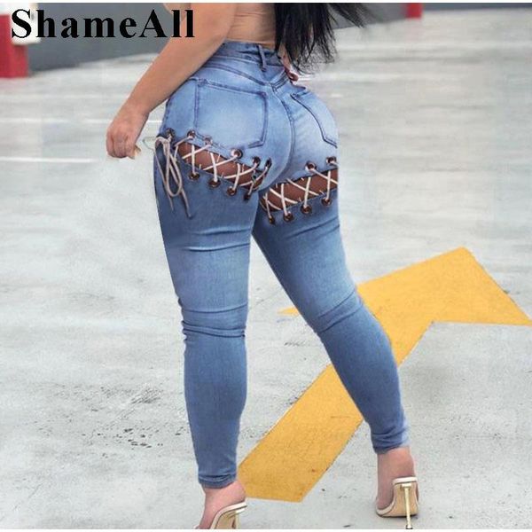 

pants plus size buttock lace up blue ripped skinny indie jeans 3xl street women push up butt bandage distressed denim pencil pant, Black