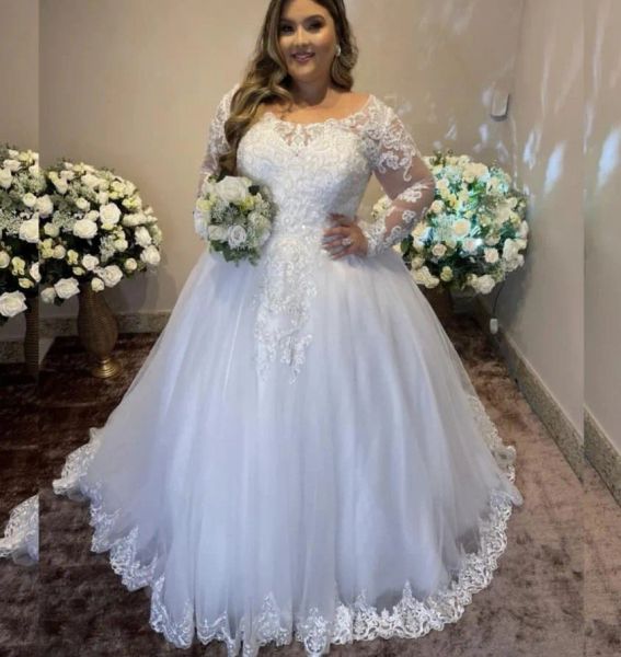 

2023 wedding dresses bridal ball gown long sleeves lace applique beaded tulle off the shoulder neckline custom made plus size vestidos de no, White