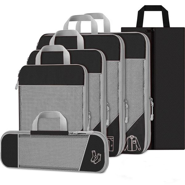

gonex 6pcs/set travel compression packing cubes, luggage suitcase organizer hanging storage bag eco premium mesh cx200822, Blue;pink