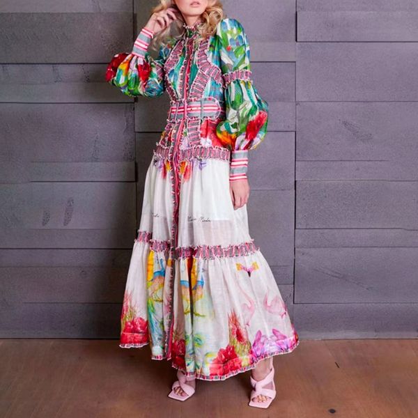 

ruffle edge dress, seaside vacation style, sweet long dress, women's standing collar, lantern sleeve, printed decorative dress, Black;gray