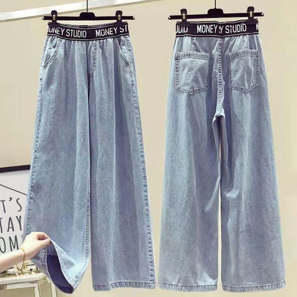 

jeans women's jeans korean four seasons pants japanese fashion elastic waist letter loose jeans fashion casual women's pants, Blue