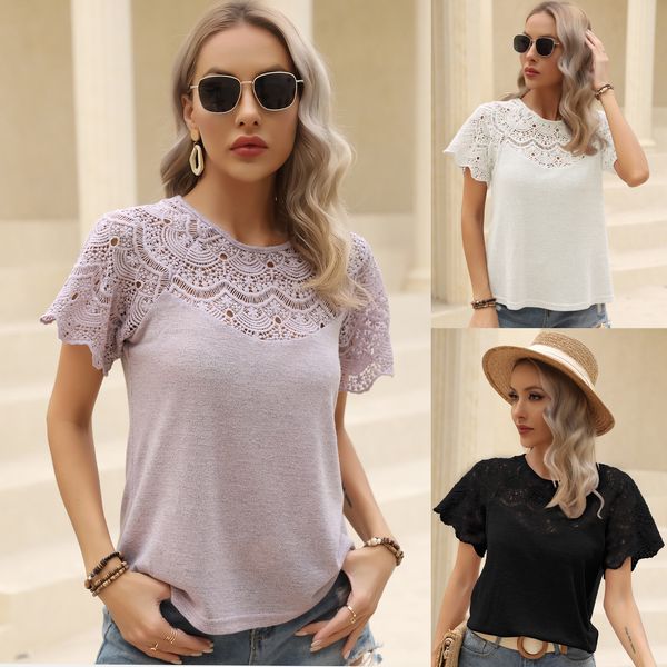 

women's round neck short sleeve t shirt solid lace splicing tee summer casual blouses loose t shirts, White