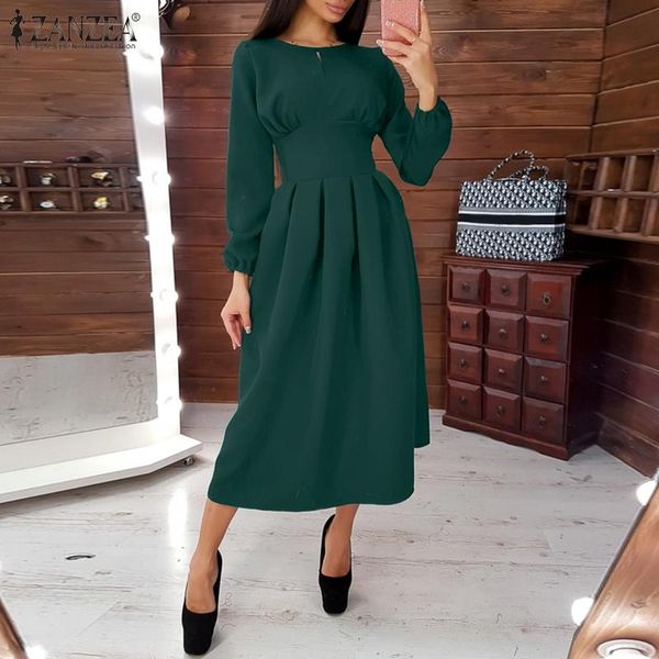 

dresses 2022 spring autumn zanzea women party dress puff sleeve midi dresses vestido casual solid pleated aline sundress oversized robe, Black;gray