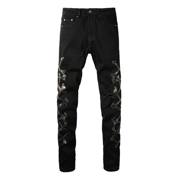 

mens designer jeans for man pants skinny grey rip denim biker paint distress pant embroider slim fit stretch motorcycle bone halloween hip h, Blue