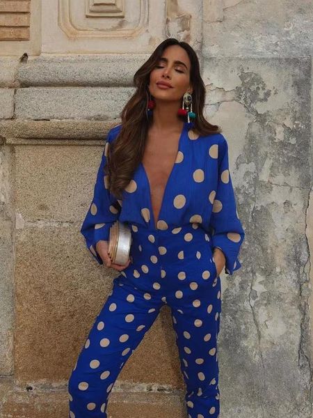 

pants puwd women polka dot print knotted shirt pants set 2022 summer vintage ladies trousers vacation female panelled chic 2 piece set, White