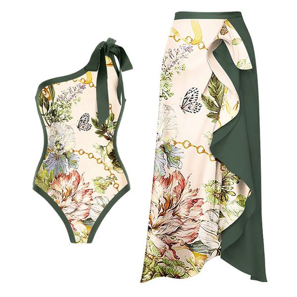 

women's swimwear vintage print oneshoulder bikini sets swimsuit skirt women brazilian holiday 2023 beach bathing suit 230425, White;black