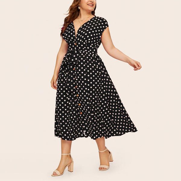 

dresses plus size dresses for women casual 2021 summer v neck sleeveless polka dot print long dress button high waist maxi long dress, Black