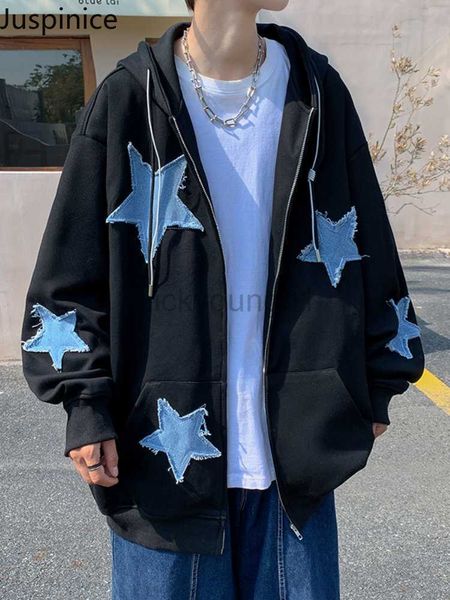 

men's hoodies sweatshirts juspinice vintage sweatshirt fashion star graphic zip up goth jacket y2k aesthetic harajuku hoody jackets win, Black