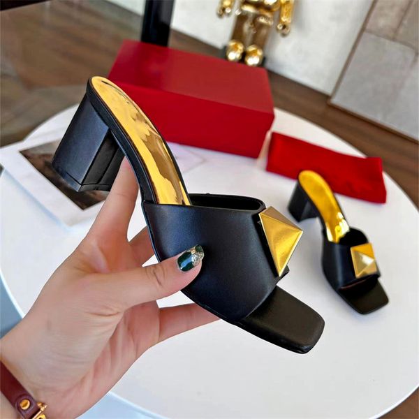 

designer women's mid-heel slippers fashion genuine leather summer buckle thick heel women's sandals leisure l one word soft tow bo, Black