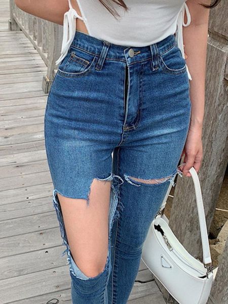 

jeans shnsophi high waist jeans women korea slim hole tight ninth pencil anklelength pants female new jean woman clothes, Blue