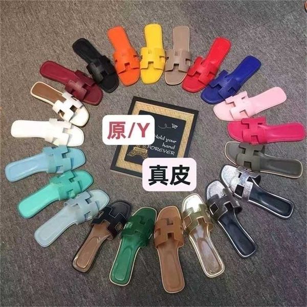 

slippers oran h slides h litchi pattern flat bottomed sheepskin beach palm print sandals summer womens shoes heels leather qfz8, Black