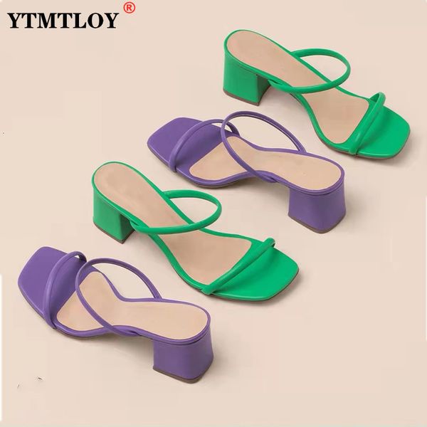 

slippers summer low heels slides female peep toe square heel brand sandals women big size 43 flip flops green 230426, Black