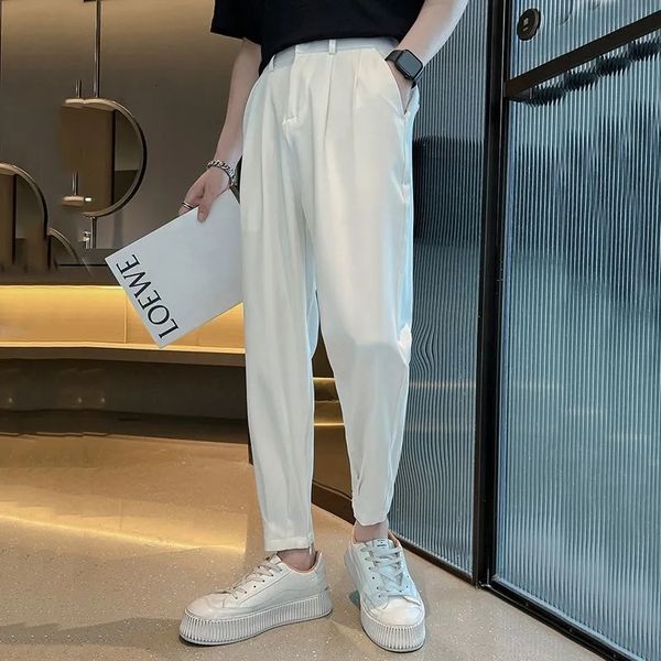 

men's pants spring summer casual suit pants men harlan pants korea ninth pants fashion solid simple wild vintage loose trousers male 23, Black