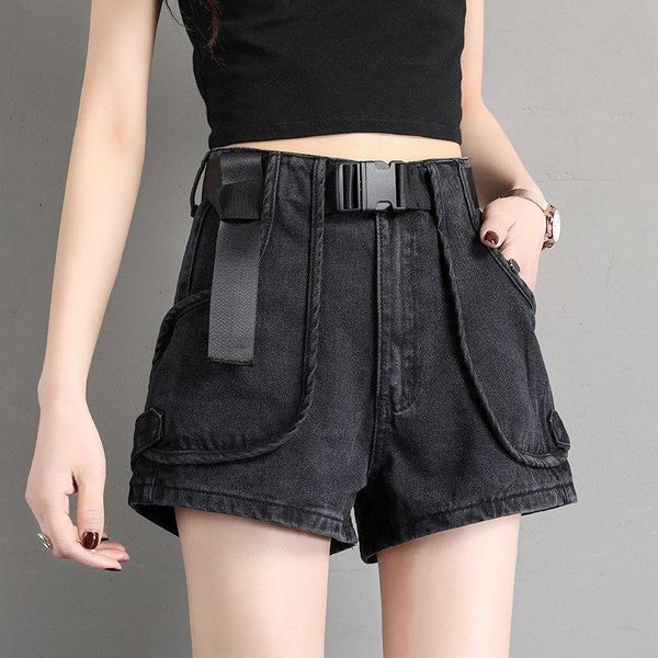 

jeans fashion denim shorts with belt 2021 spring new style hong kong retro style high waist korean loose aline short women's jeans, Blue