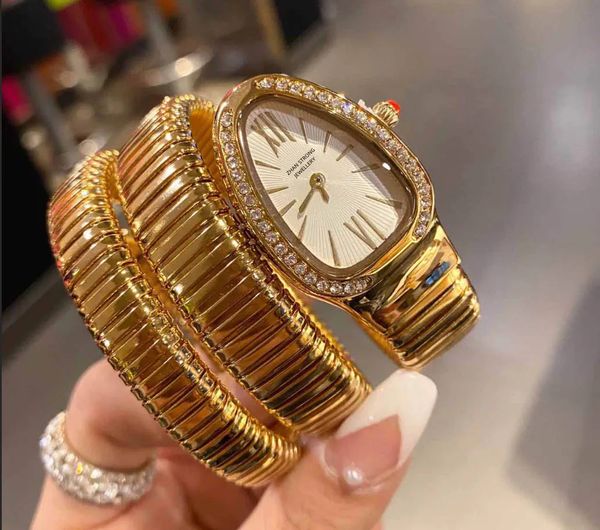 

32mm women's wristwatches fashion imported quartz movement double surround snake shape diamond bezel womens watches full stainless stee, Slivery;golden