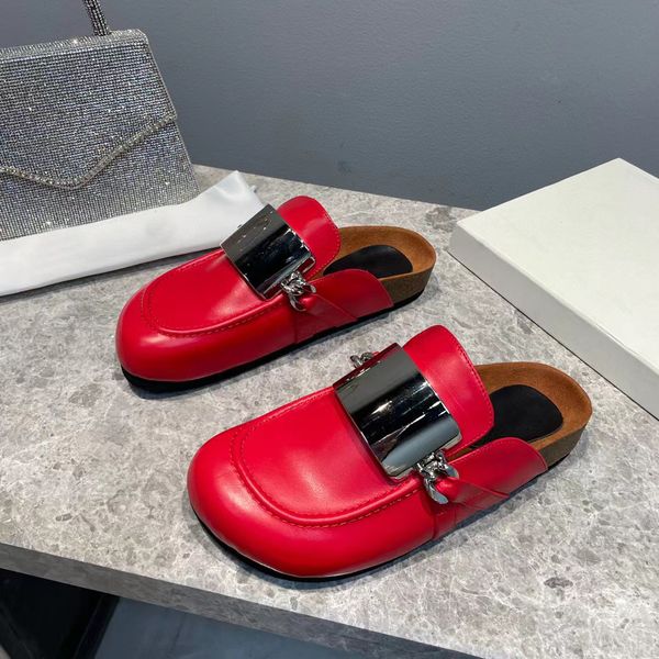 

designer woman chain loafer mules slippers summer felt mules slippers designer shoes metal buckle cowhide classic gourmet slippers size35-40, Black
