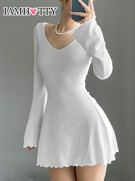 

dresses iamy solid basic casual knitted dress beige black long sleeve frill aline dresses elegant fashion party outfit korean style, Black;gray