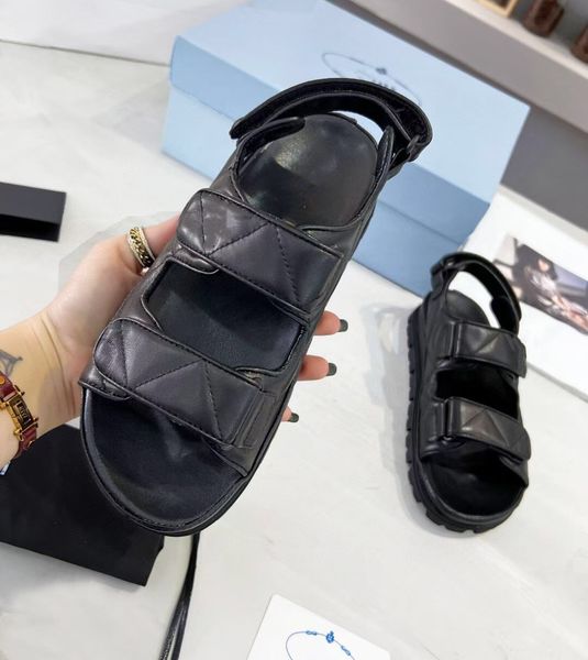 

padded nappas leather sandals masculine lines womens sandal athletic leather upper featuring quilted texture embossed triangle logo designer, Black