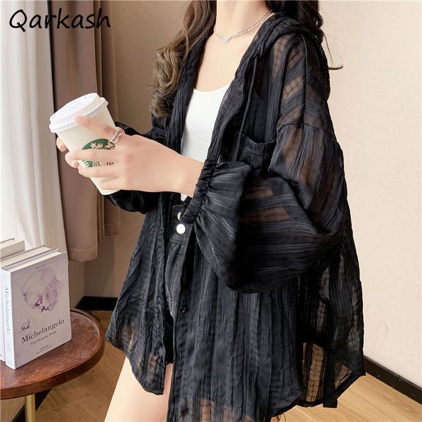 

women's jackets jaket wanita lengan lentera trendi desain bergaris longgar saku bertudung kancing sebaris jalan tahan matahari pakaian, Black;brown
