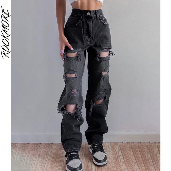 

jeans rockmore ripped jeans high waist women hole straight pants streetwear hip hop baggy cargo denim trousers 90s vintage bottoms, Blue