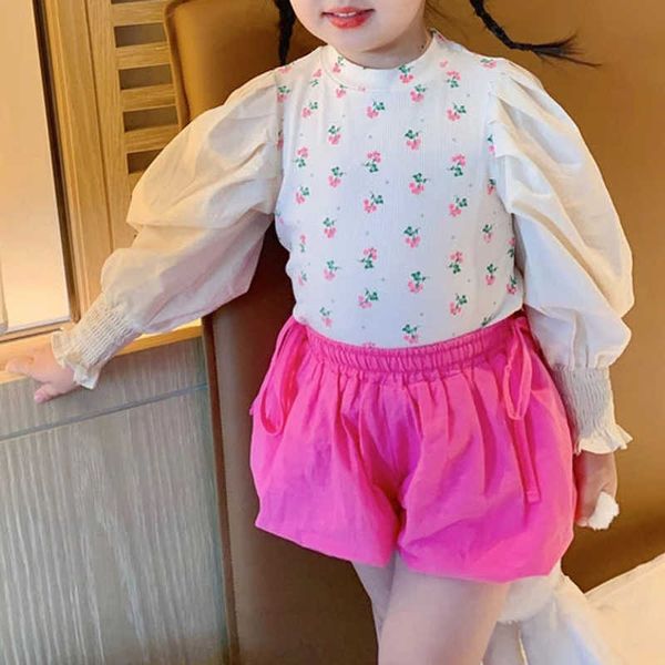 

clothing sets spring autumn new children's clothing korean fashion puff sleeve floral blouse and bloomers suit casual sweet girl clo aa, White