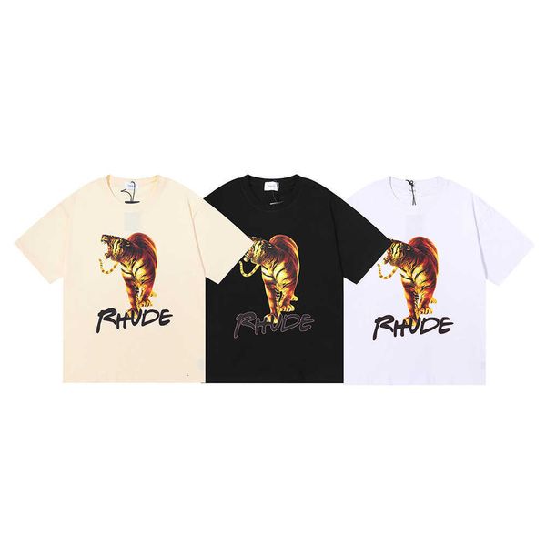 

los angeles chaopai rhude tiger hd printing short sleeve men's and women's high street underlay half t-shirt, White;black