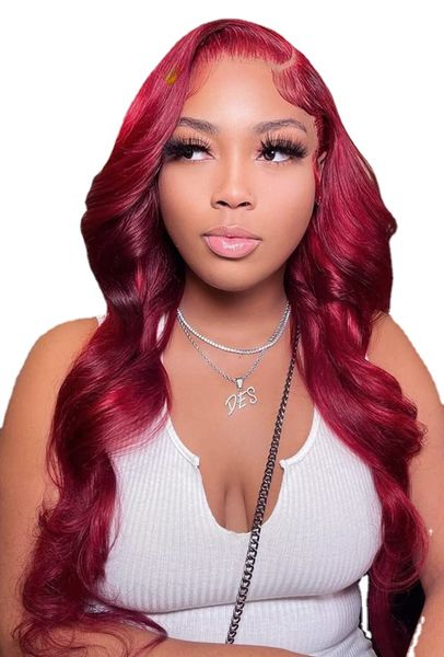 

13x4 hd transparent lace front human hair wigs for women body wave lace front wig red burgundy colored, Black;brown